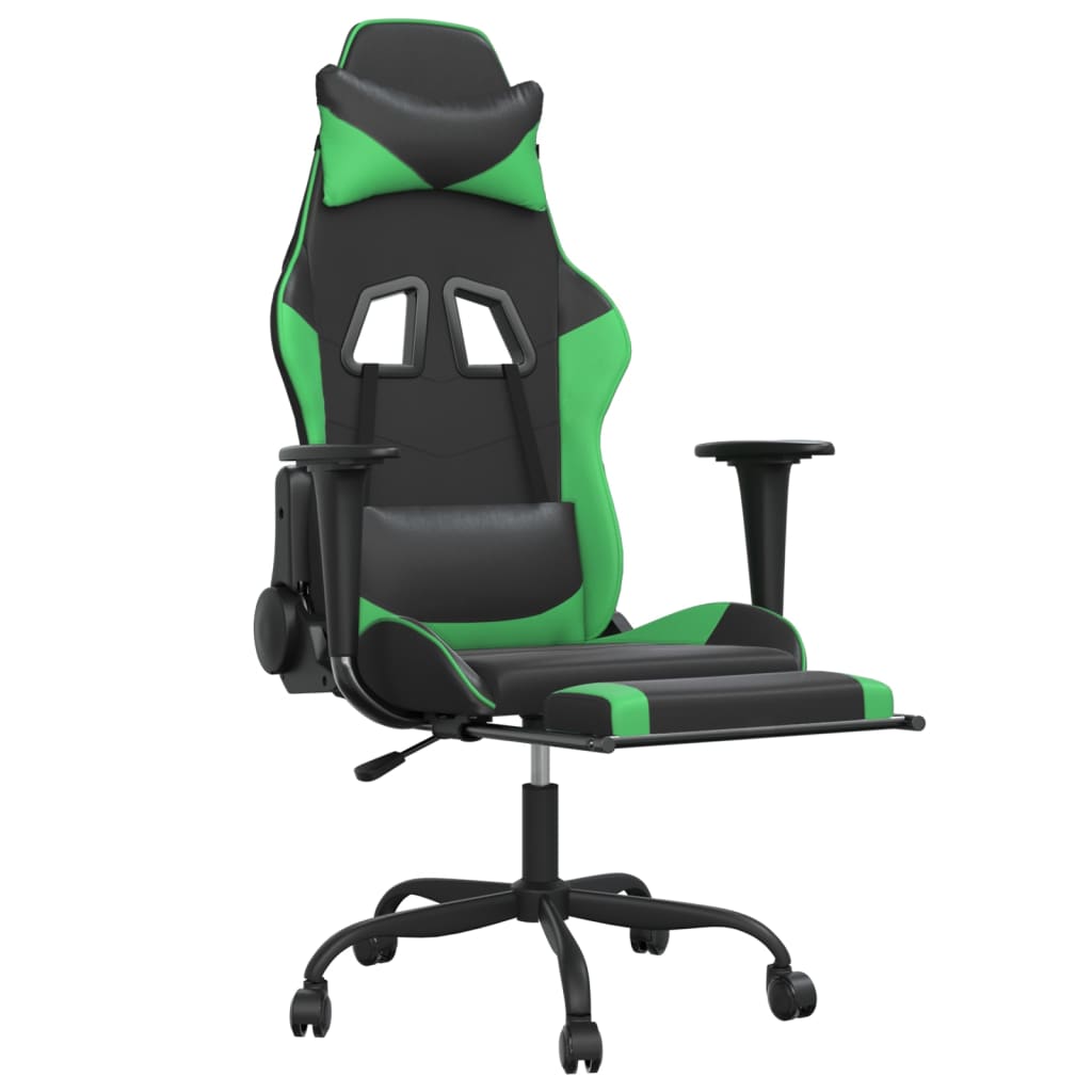 Silla gaming de masaje y reposapiés cuero sintético negro verde - Vetonek