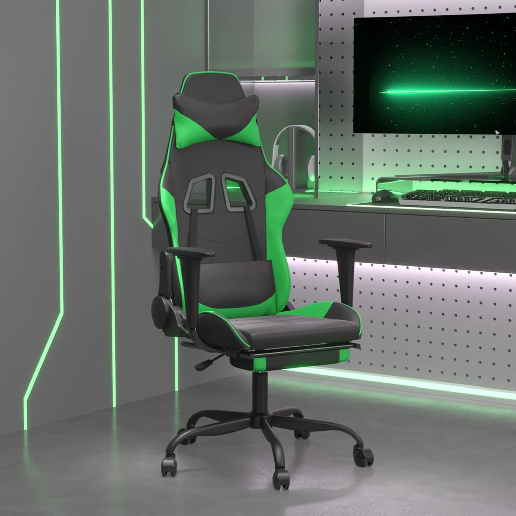 Vetonek Silla gaming de masaje y reposapiés cuero sintético negro verde