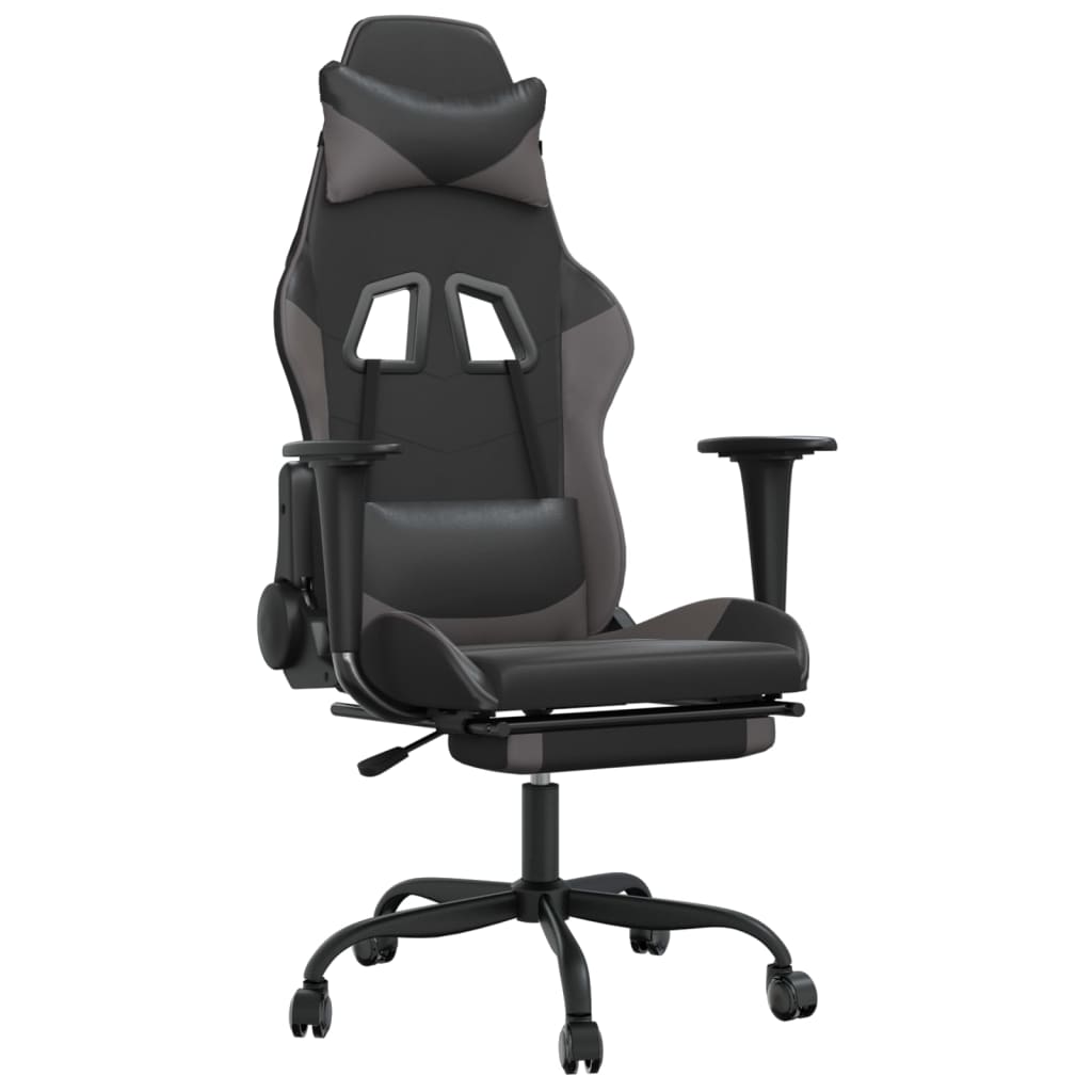 Silla gaming de masaje y reposapiés cuero sintético negro gris - Vetonek