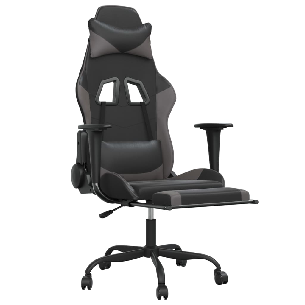 Silla gaming de masaje y reposapiés cuero sintético negro gris - Vetonek