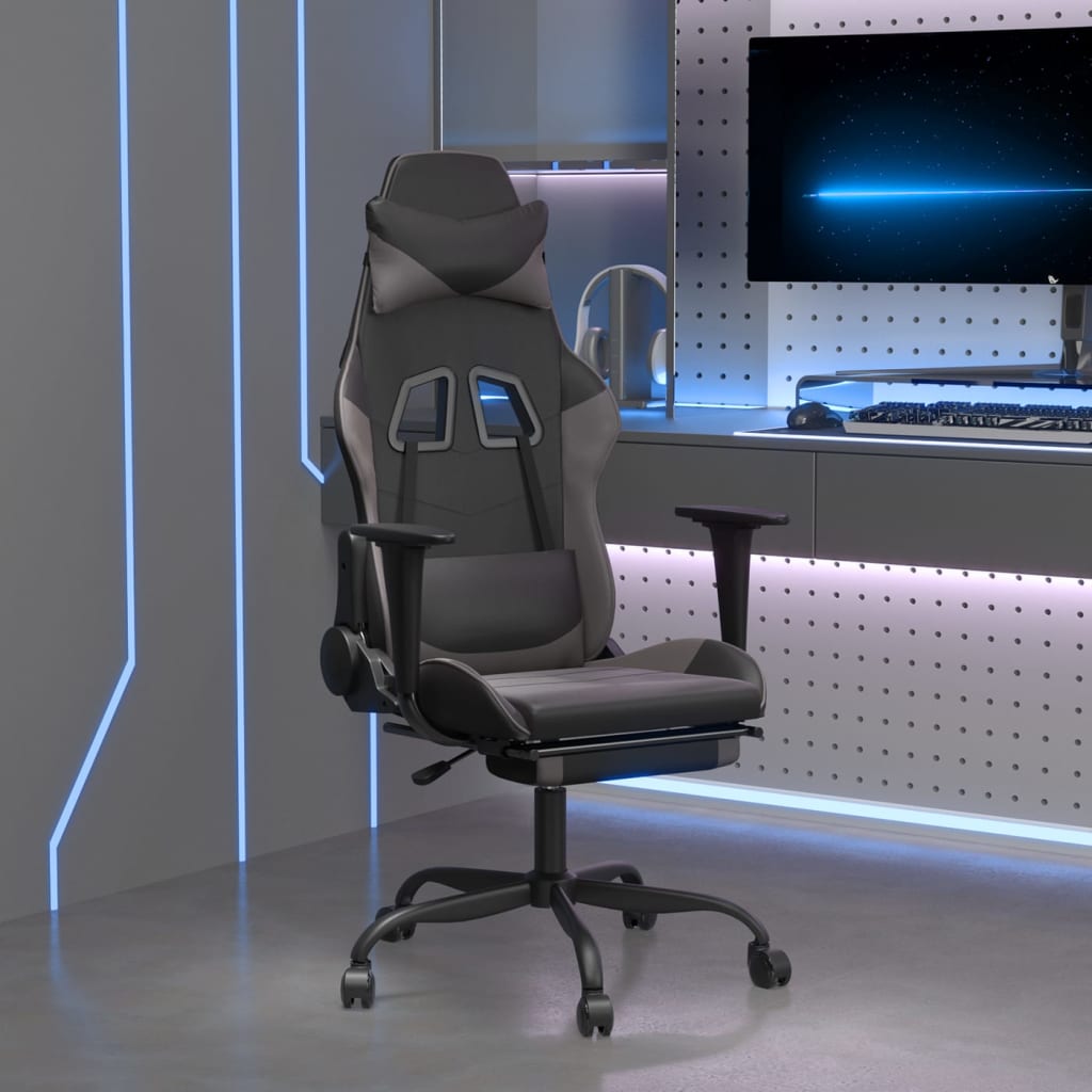 Vetonek Silla gaming de masaje y reposapiés cuero sintético negro gris