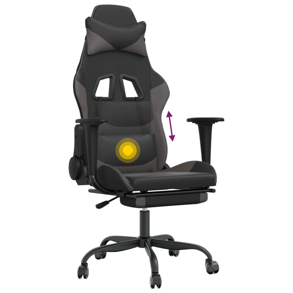 Silla gaming de masaje y reposapiés cuero sintético negro gris - Vetonek