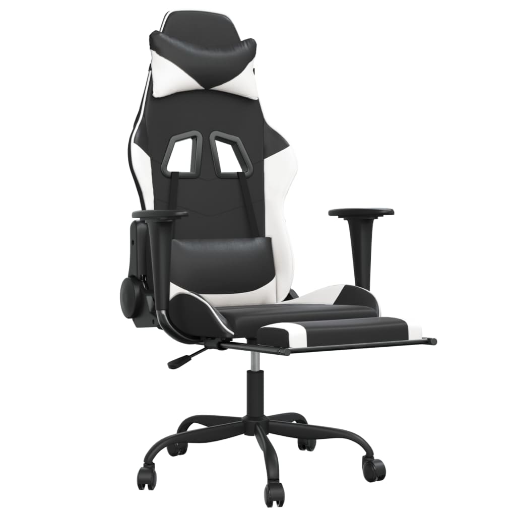 Silla gaming masaje y reposapiés cuero sintético negro blanco - Vetonek