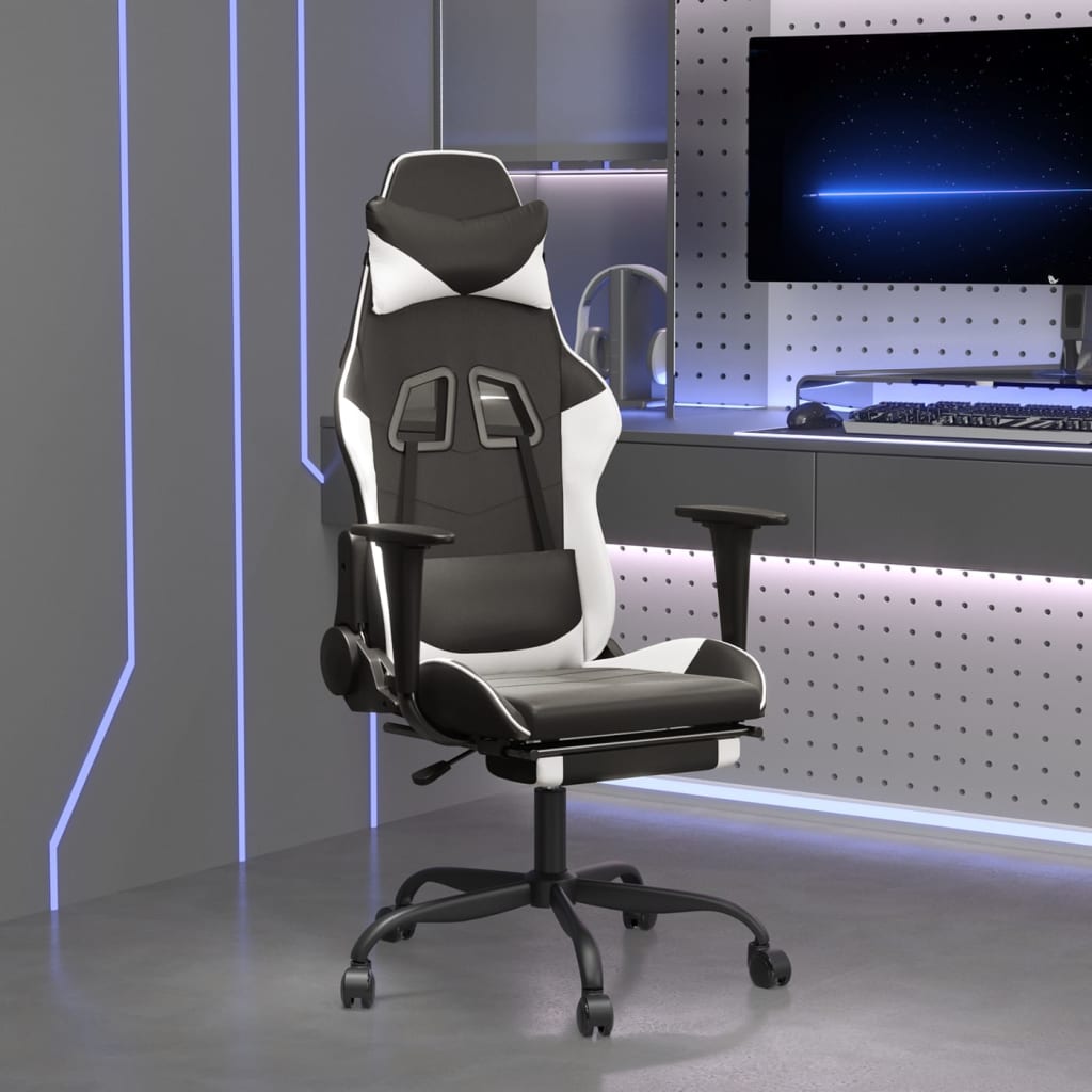 Vetonek Silla gaming masaje y reposapiés cuero sintético negro blanco