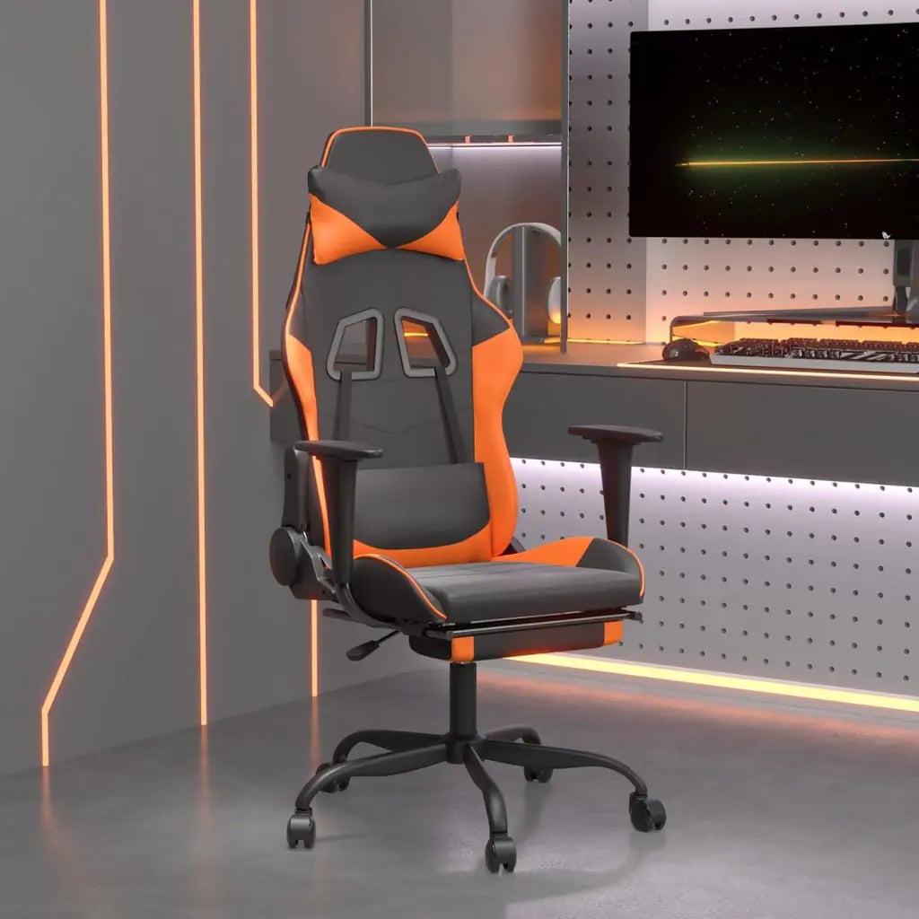 Vetonek Silla gaming masaje y reposapiés cuero sintético negro naranja