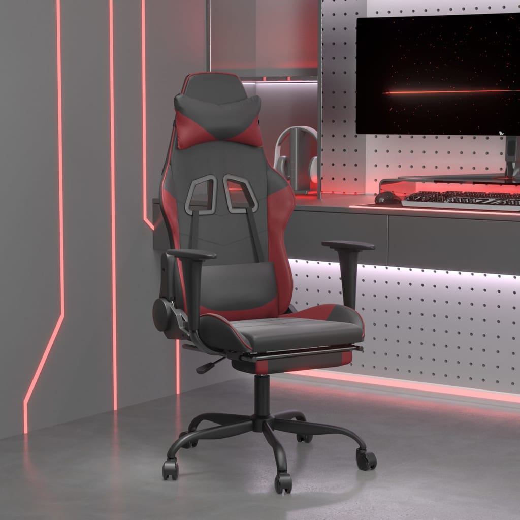 Vetonek Silla gaming masaje reposapiés cuero sintético negro rojo tinto