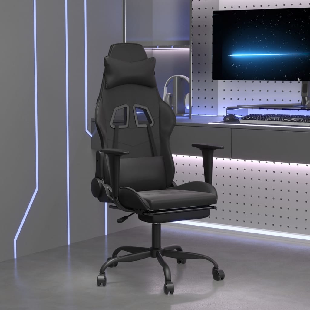 Vetonek Silla gaming de masaje y reposapiés cuero sintético negro