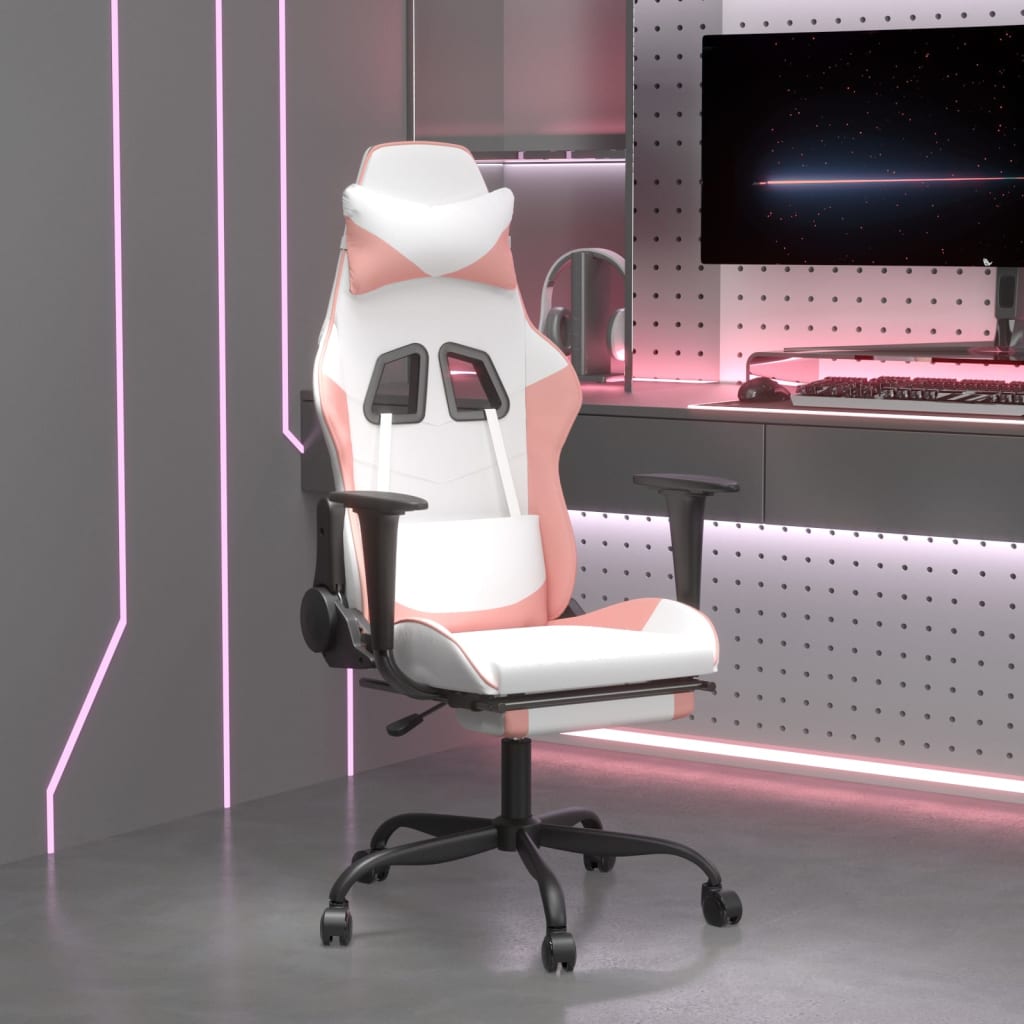 Vetonek Silla gaming masaje y reposapiés cuero sintético blanco y rosa