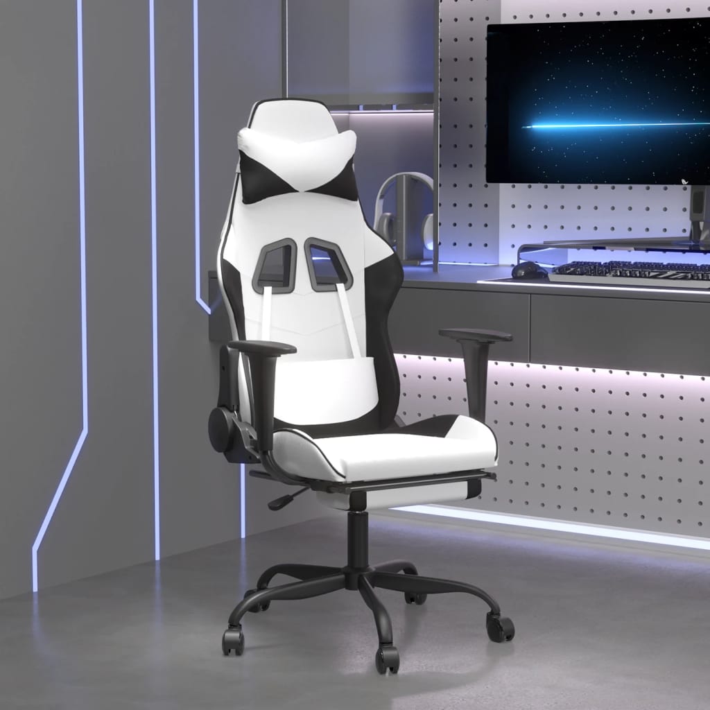 Vetonek Silla gaming masaje y reposapiés cuero sintético negro blanco