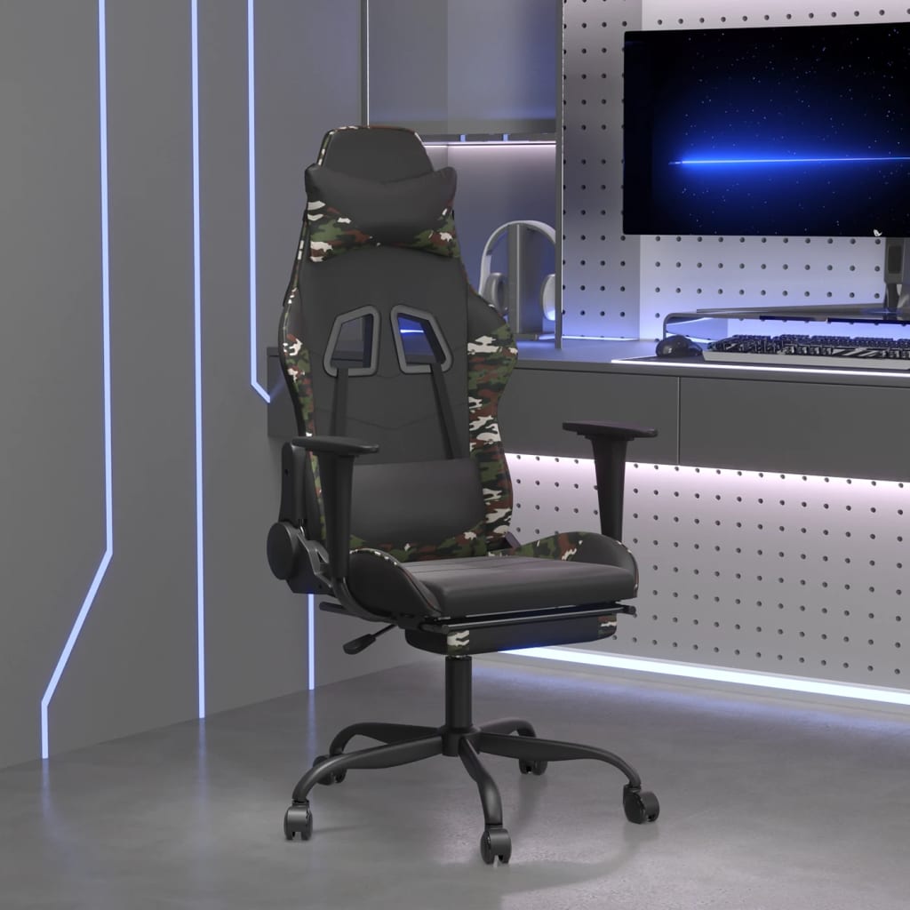 Vetonek Silla gaming masaje reposapiés cuero sintético negro camuflaje