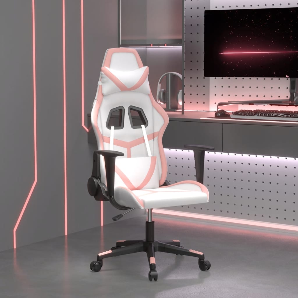 Vetonek Silla gaming de masaje cuero sintético blanco y rosa