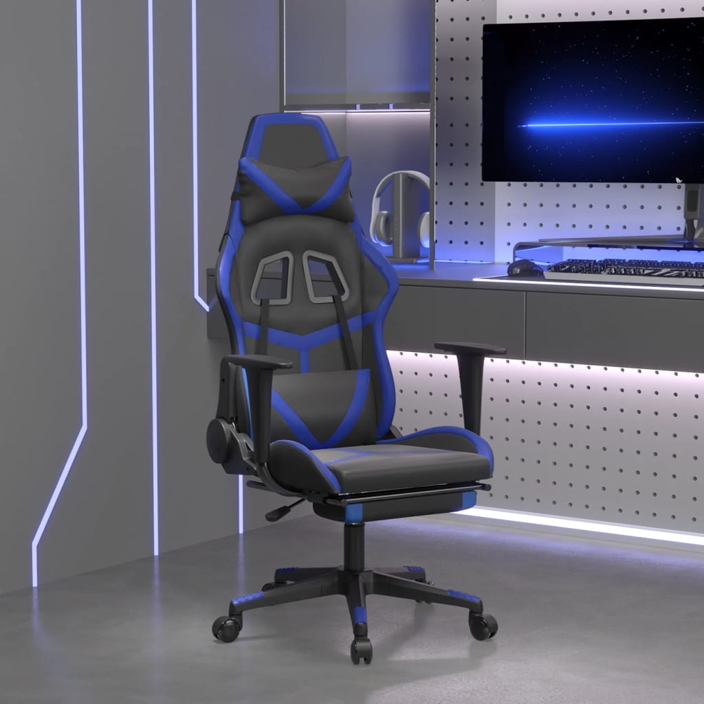 Vetonek Silla gaming de masaje y reposapiés cuero sintético negro azul