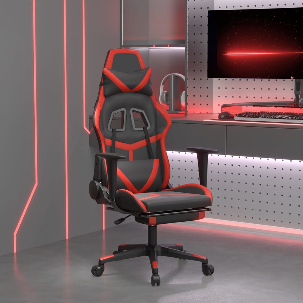 Vetonek Silla gaming de masaje y reposapiés cuero sintético negro rojo