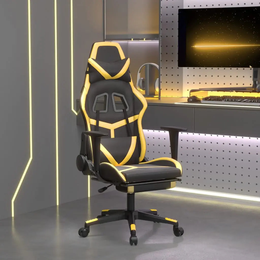 Vetonek Silla gaming masaje y reposapiés cuero sintético negro dorado