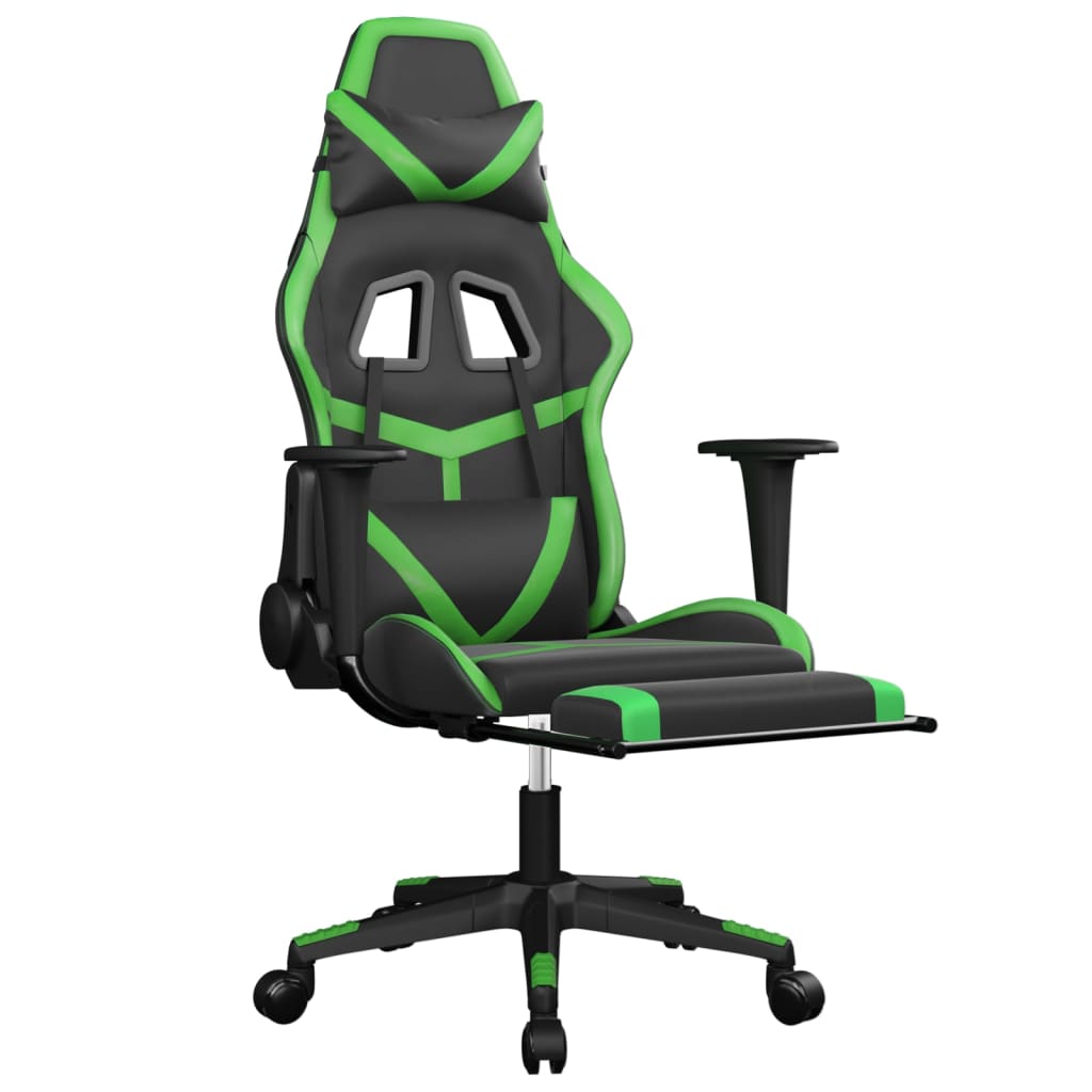 Silla gaming de masaje y reposapiés cuero sintético negro verde - Vetonek