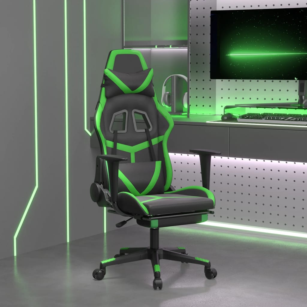 Vetonek Silla gaming de masaje y reposapiés cuero sintético negro verde