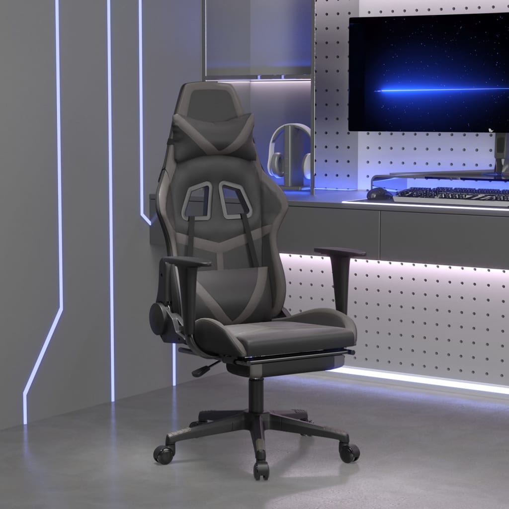 Vetonek Silla gaming de masaje y reposapiés cuero sintético negro gris