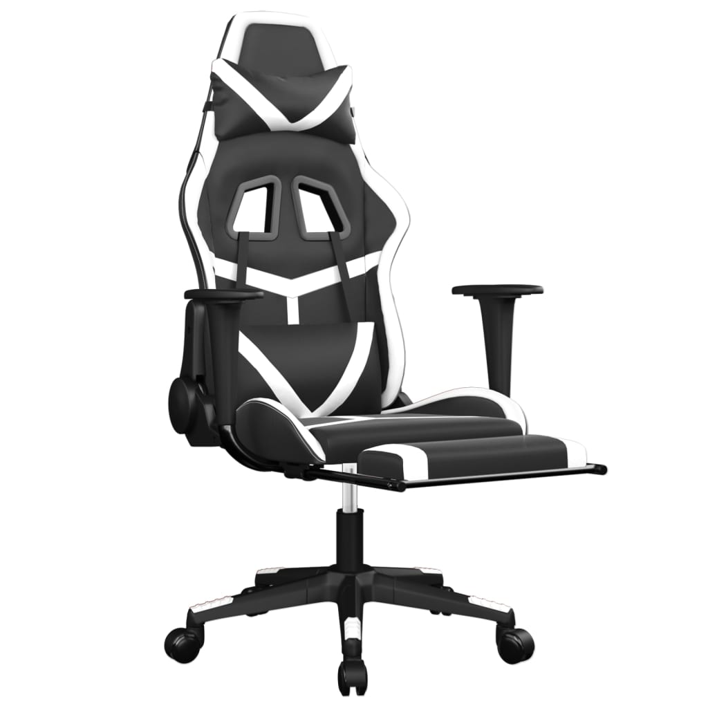 Silla gaming masaje y reposapiés cuero sintético negro blanco - Vetonek