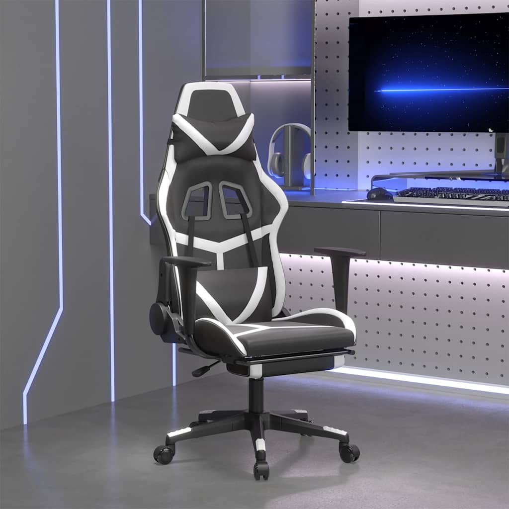 Vetonek Silla gaming masaje y reposapiés cuero sintético negro blanco