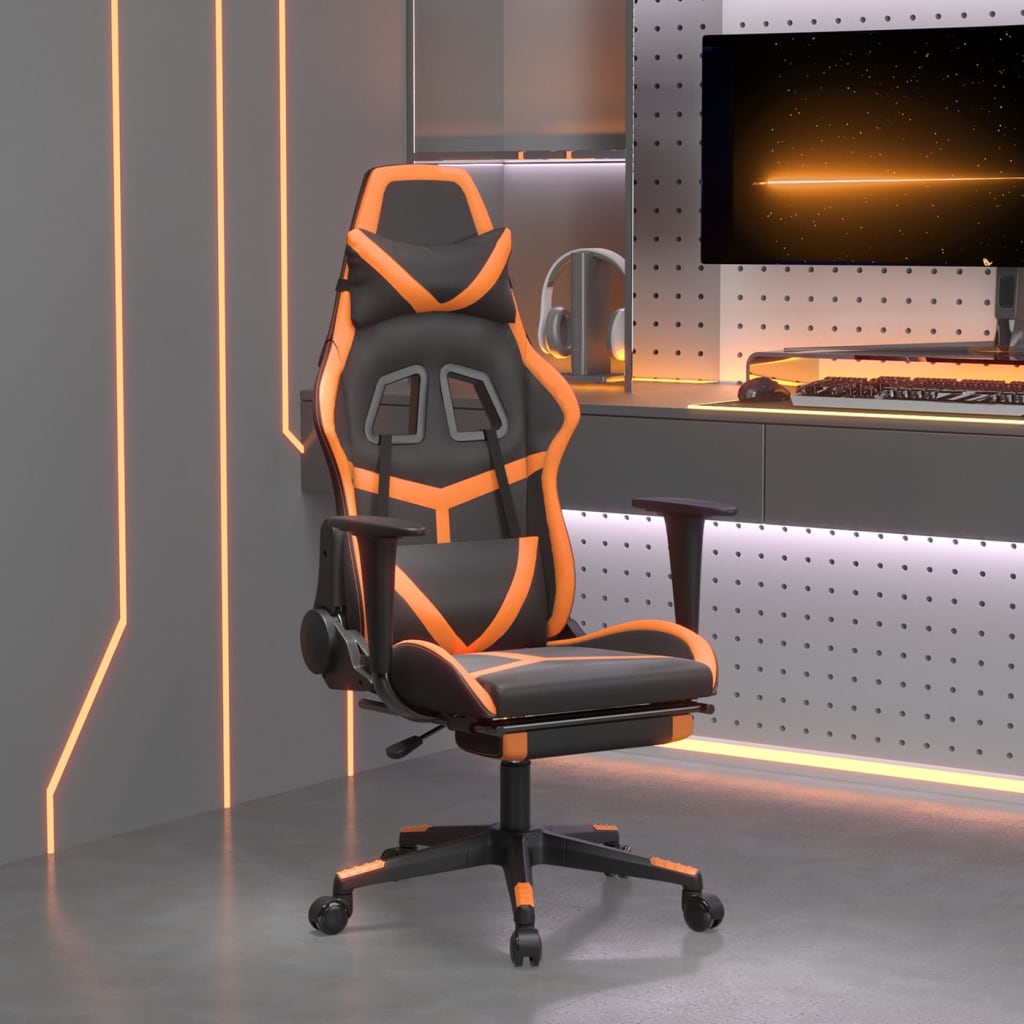 Vetonek Silla gaming masaje y reposapiés cuero sintético negro naranja