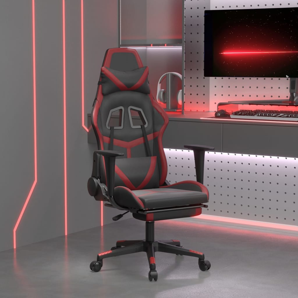 Vetonek Silla gaming masaje reposapiés cuero sintético negro rojo tinto