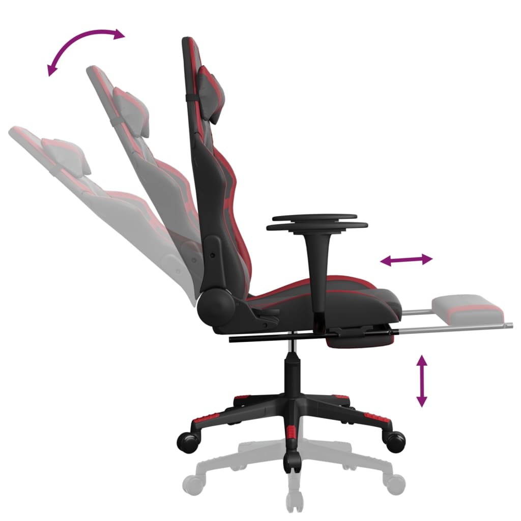 Silla gaming masaje reposapiés cuero sintético negro rojo tinto vidaXL