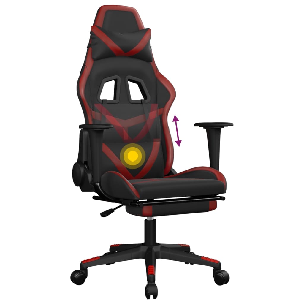 Silla gaming masaje reposapiés cuero sintético negro rojo tinto - Vetonek