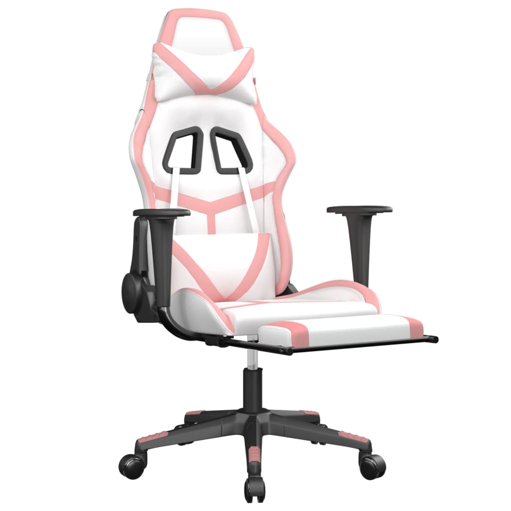 Silla gaming masaje y reposapiés cuero sintético blanco y rosa - Vetonek