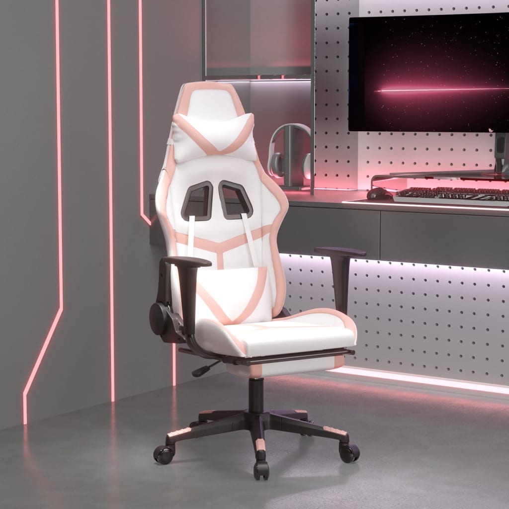 Vetonek Silla gaming masaje y reposapiés cuero sintético blanco y rosa