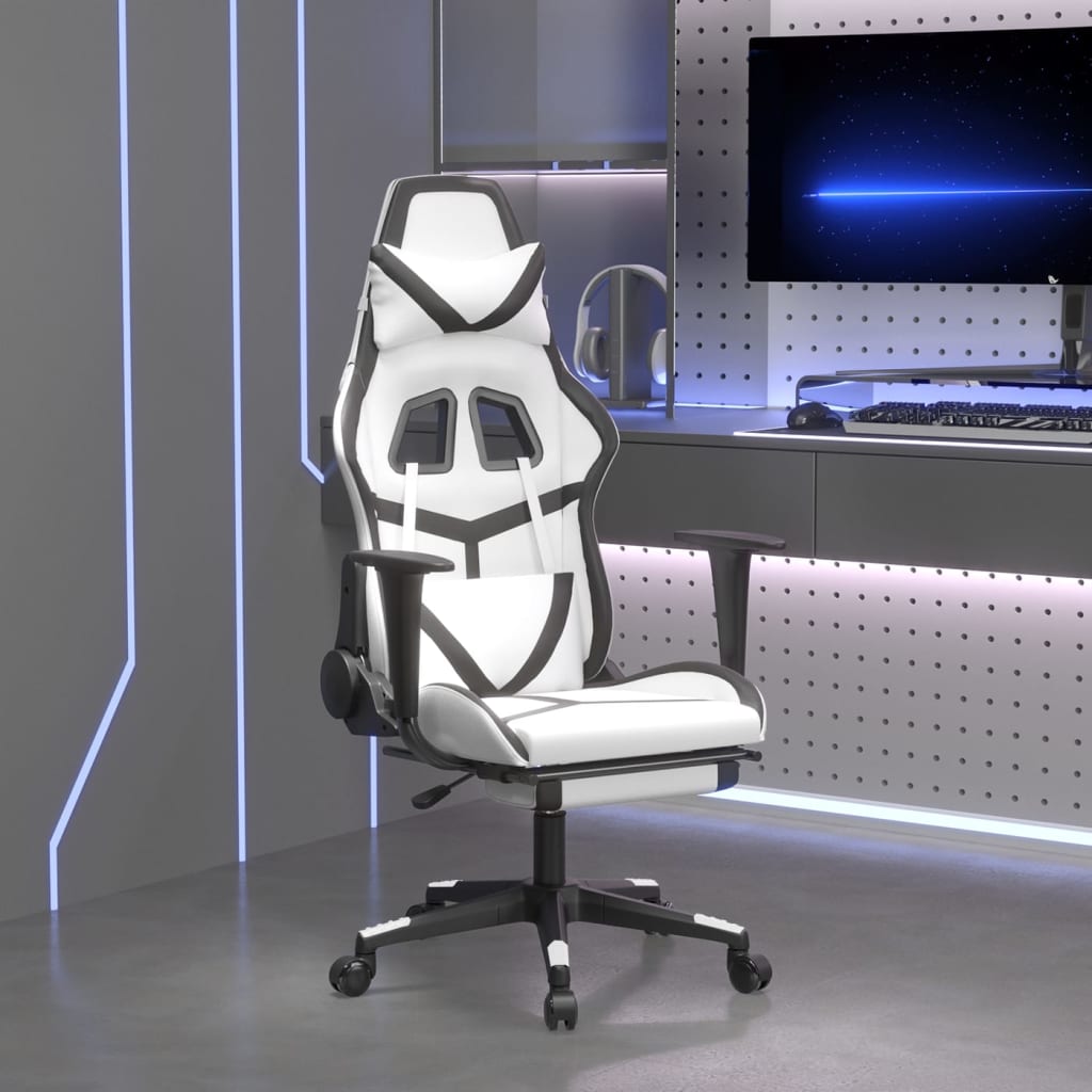 Vetonek Silla gaming masaje y reposapiés cuero sintético negro blanco