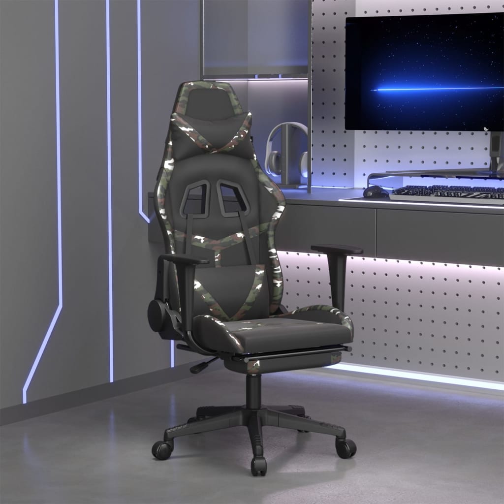 Vetonek Silla gaming masaje reposapiés cuero sintético negro camuflaje