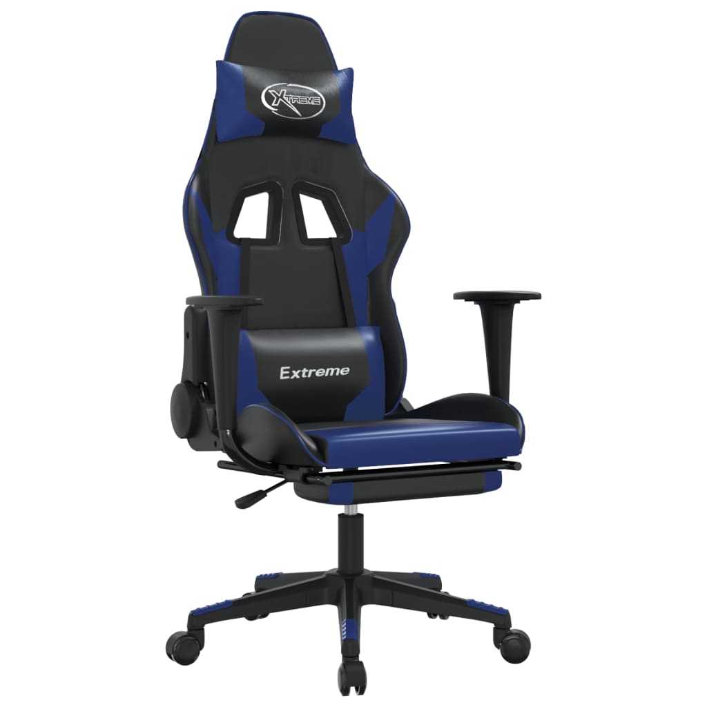 Silla gaming de masaje y reposapiés cuero sintético negro azul vidaXL