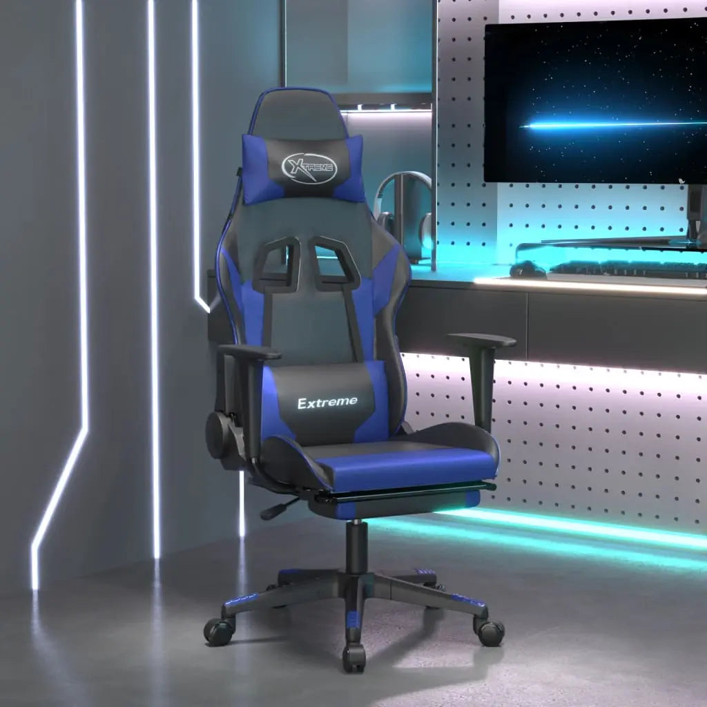 Vetonek Silla gaming de masaje y reposapiés cuero sintético negro azul