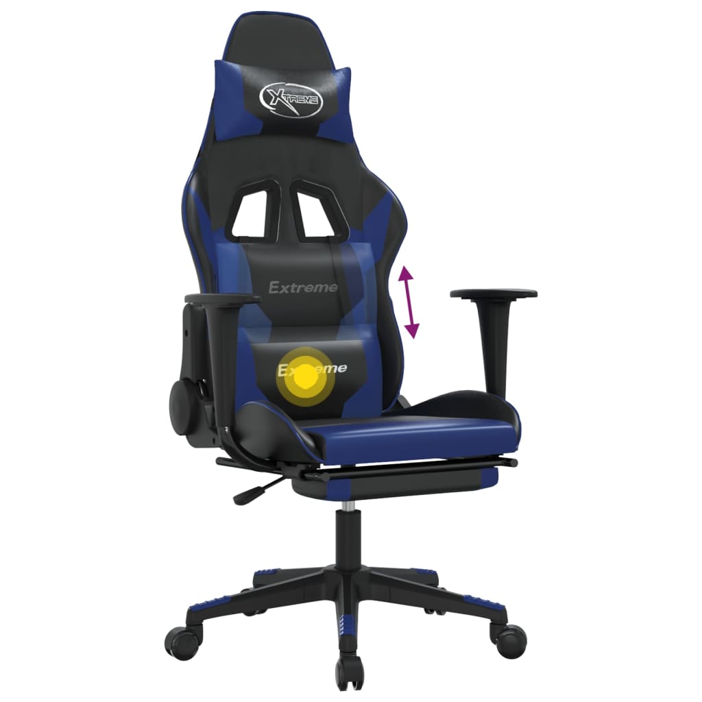 Silla gaming de masaje y reposapiés cuero sintético negro azul vidaXL