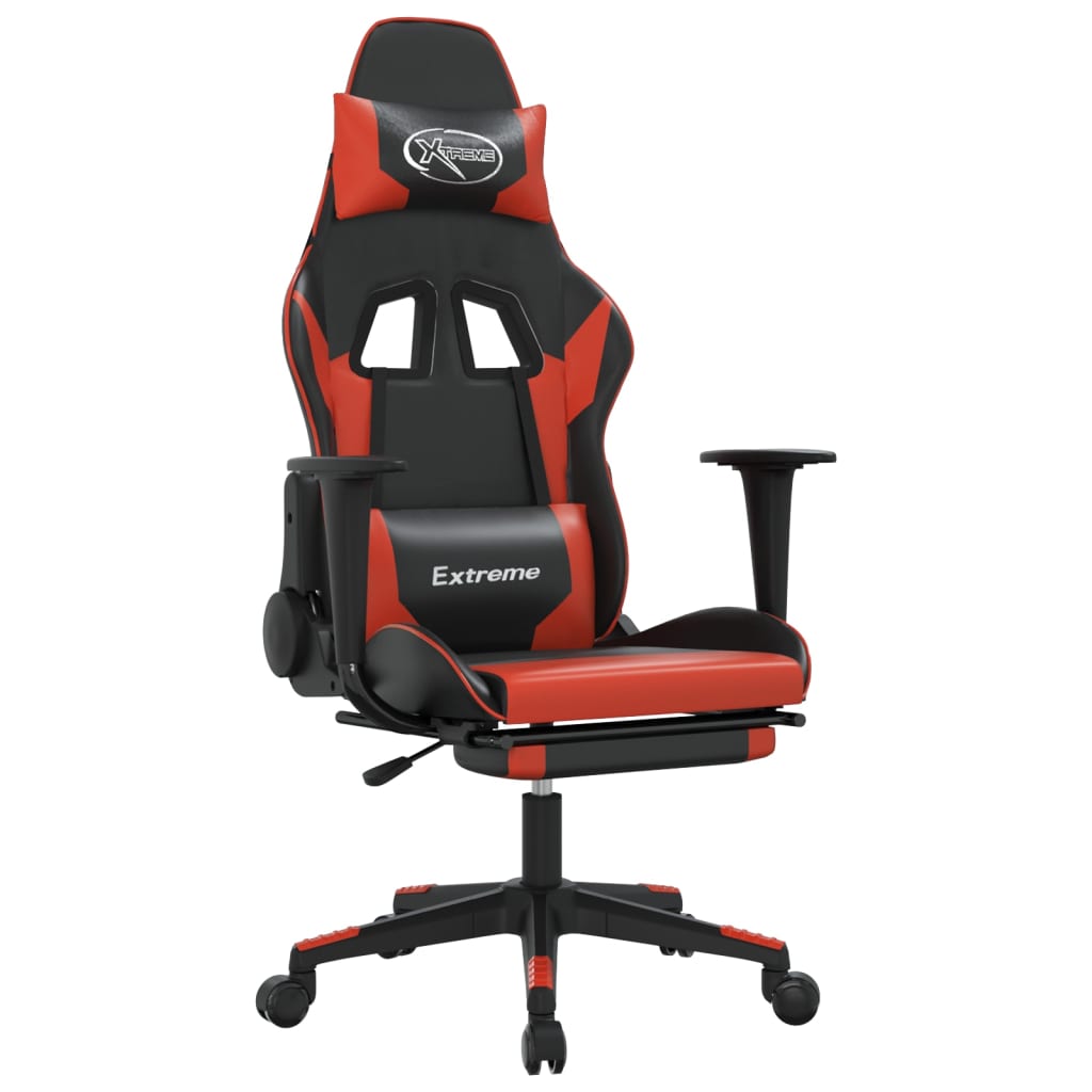 Silla gaming de masaje y reposapiés cuero sintético negro rojo - Vetonek