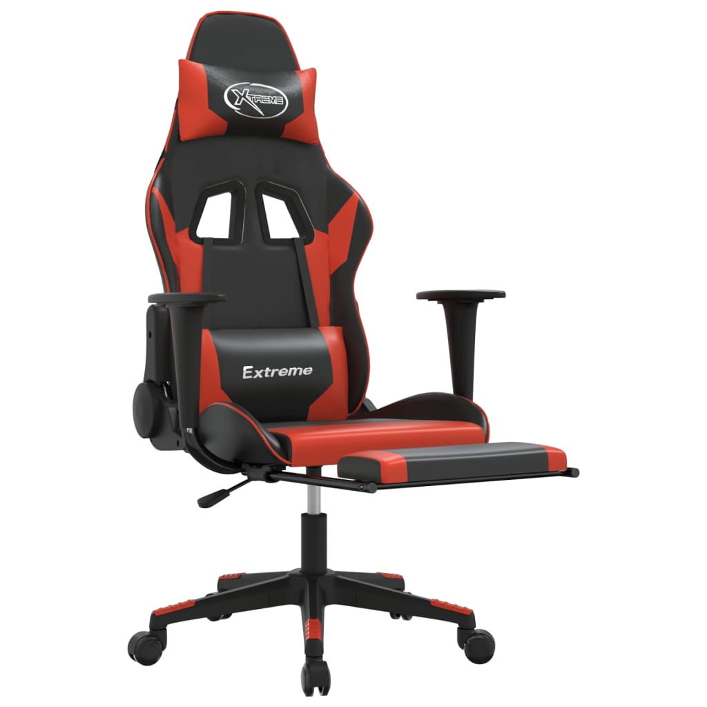 Silla gaming de masaje y reposapiés cuero sintético negro rojo - Vetonek