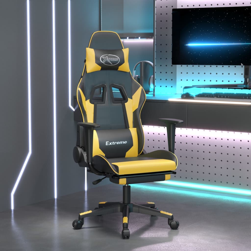 Vetonek Silla gaming masaje y reposapiés cuero sintético negro dorado