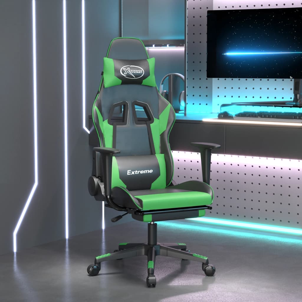 Vetonek Silla gaming de masaje y reposapiés cuero sintético negro verde