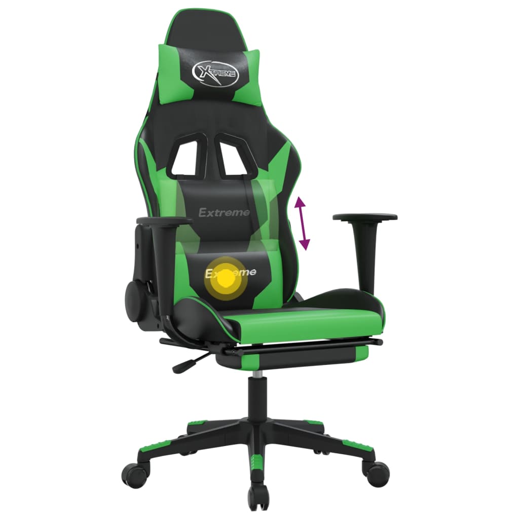 Silla gaming de masaje y reposapiés cuero sintético negro verde vidaXL