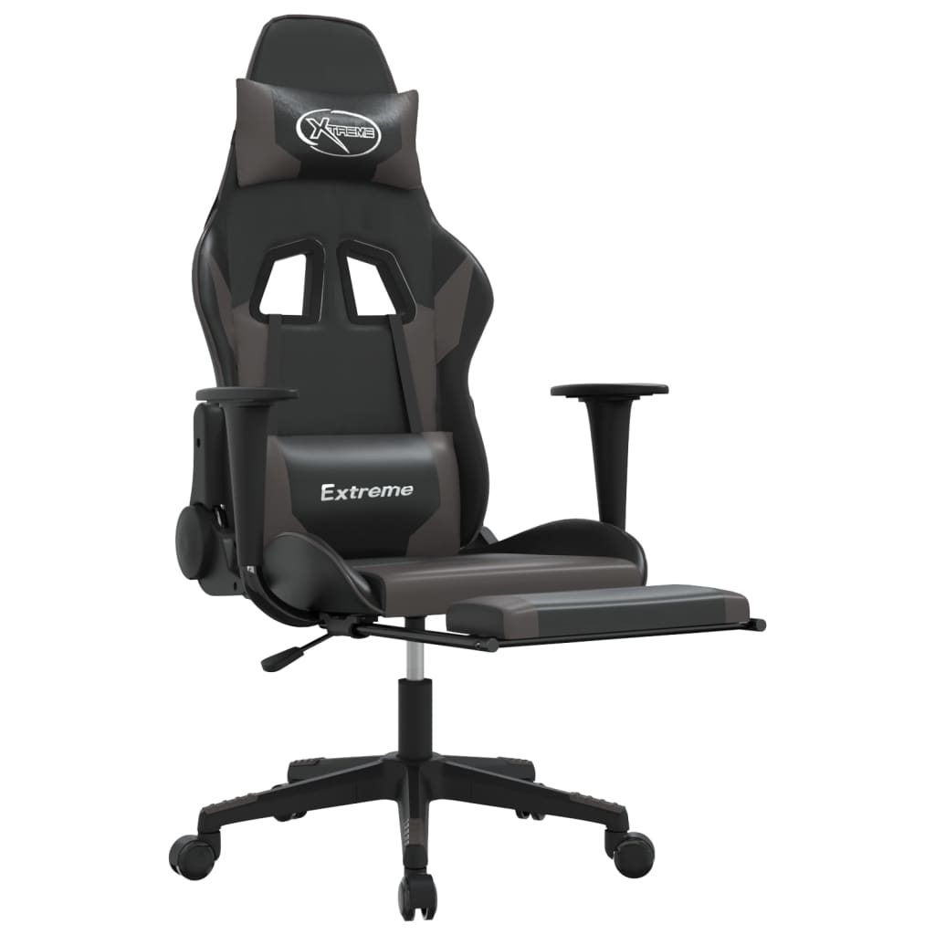 Silla gaming de masaje y reposapiés cuero sintético negro gris - Vetonek