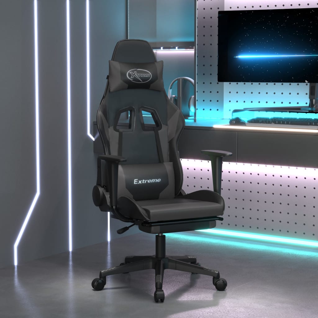 Vetonek Silla gaming de masaje y reposapiés cuero sintético negro gris