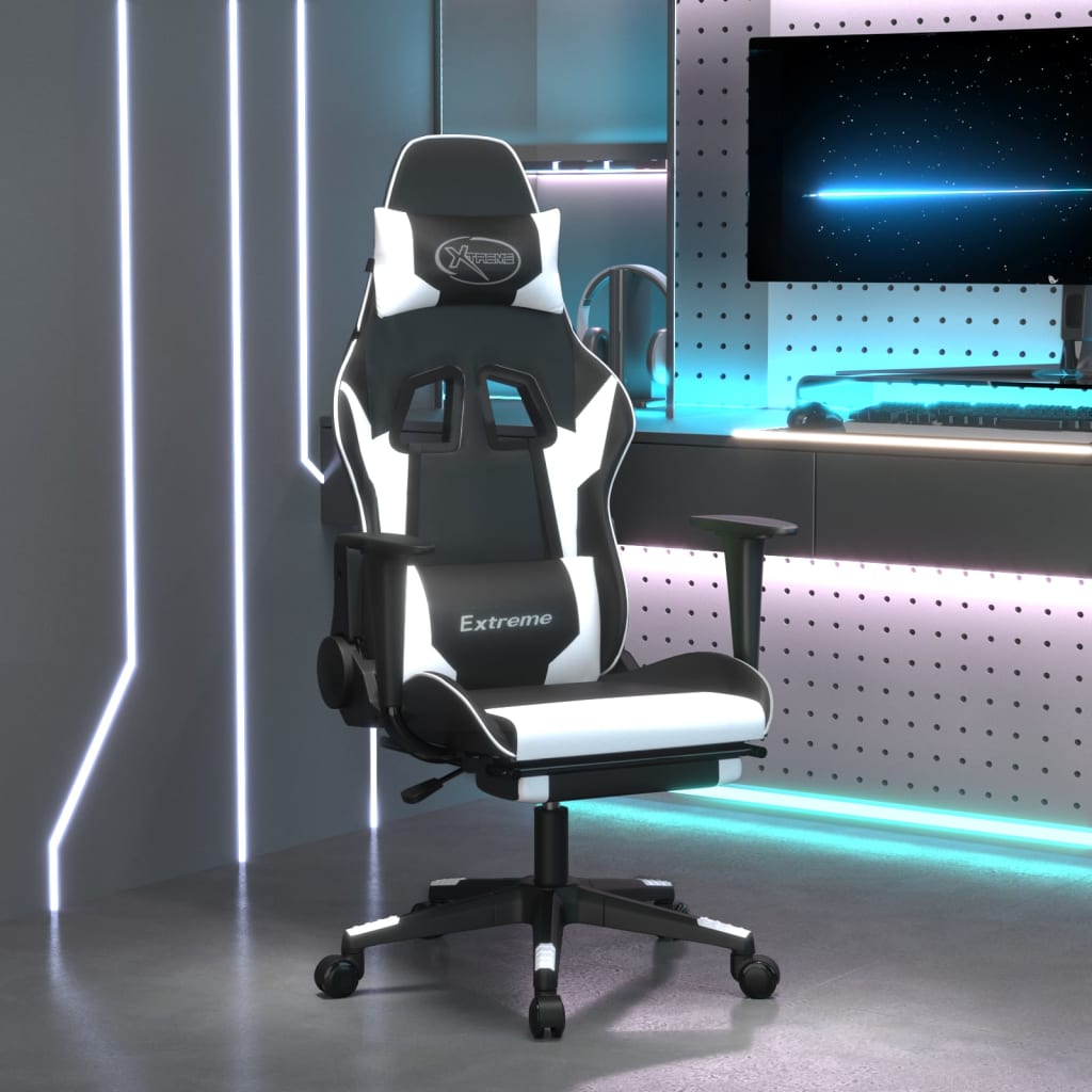 Vetonek Silla gaming masaje y reposapiés cuero sintético negro blanco