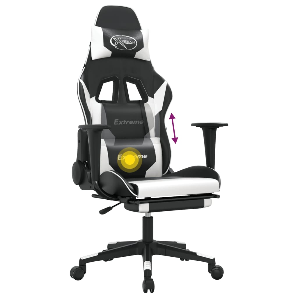 Silla gaming masaje y reposapiés cuero sintético negro blanco vidaXL