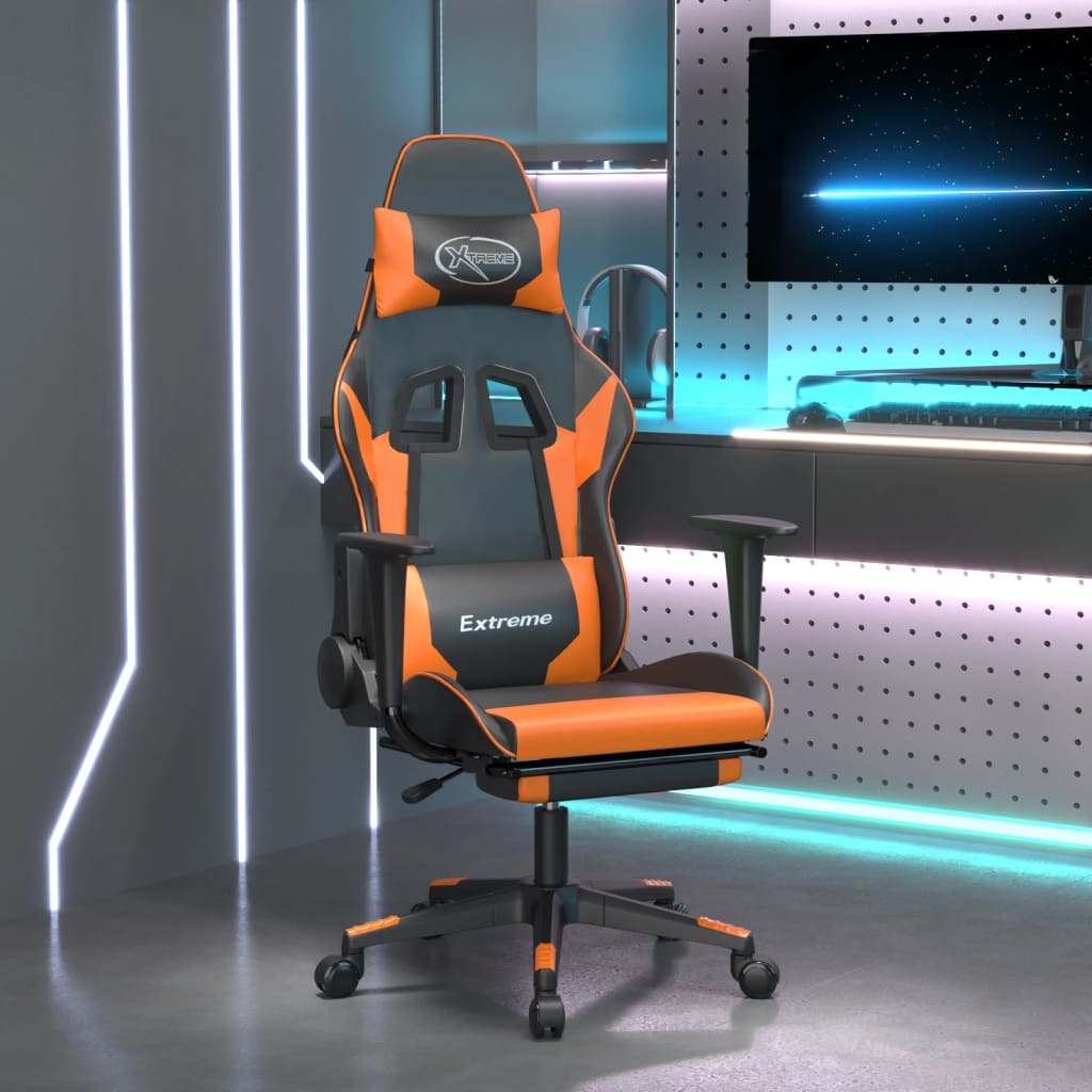 Vetonek Silla gaming masaje y reposapiés cuero sintético negro naranja