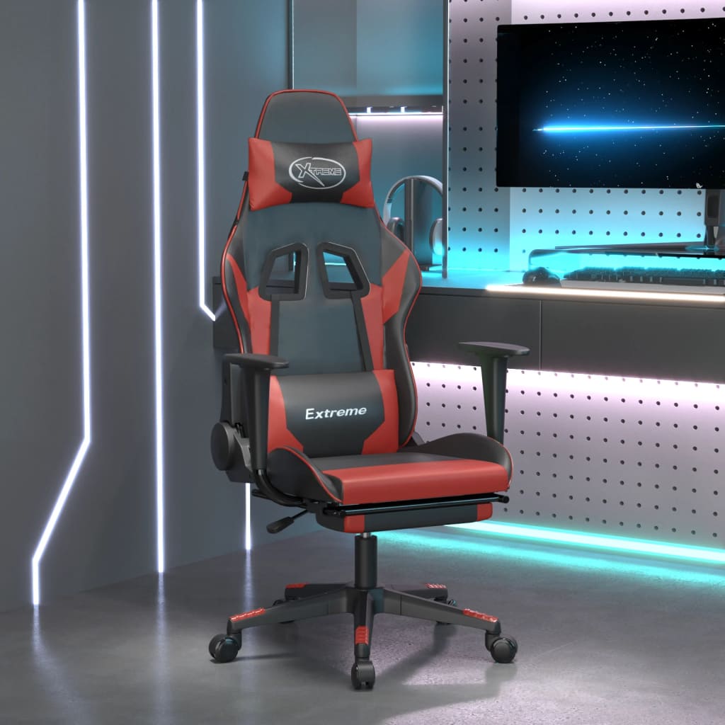 Vetonek Silla gaming masaje reposapiés cuero sintético negro rojo tinto