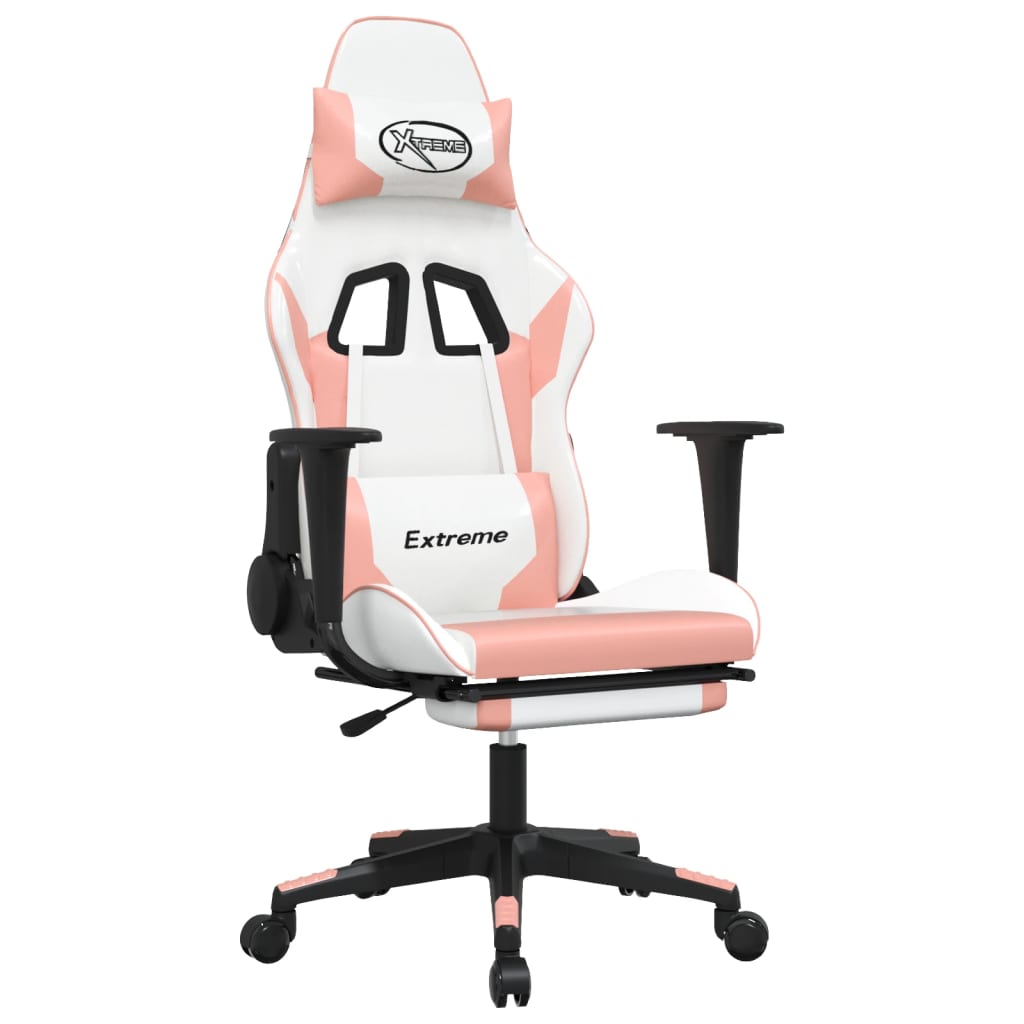 Silla gaming masaje y reposapiés cuero sintético blanco y rosa - Vetonek