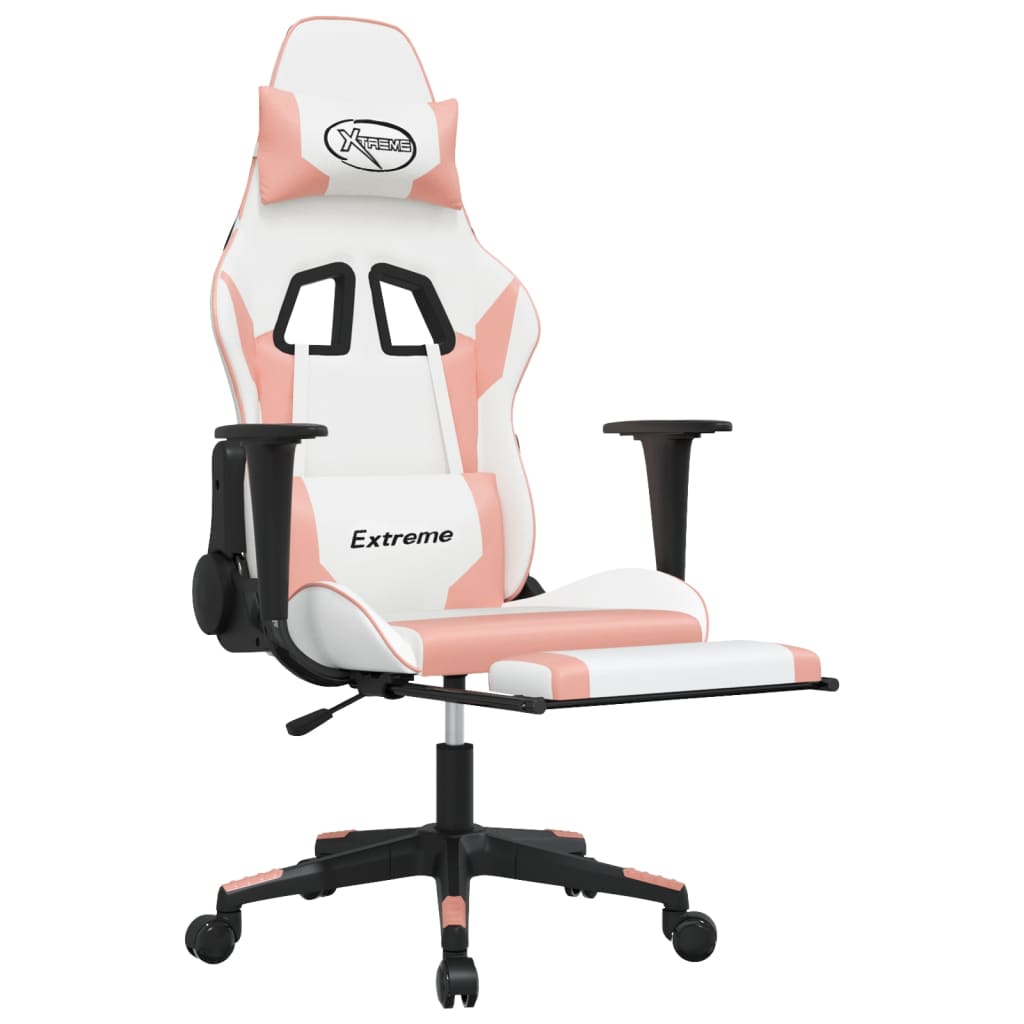 Silla gaming masaje y reposapiés cuero sintético blanco y rosa - Vetonek