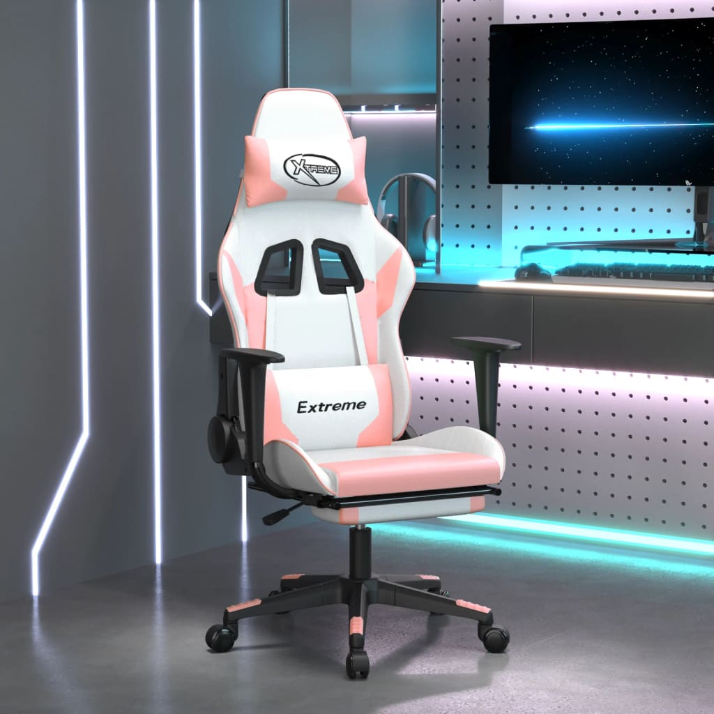 Vetonek Silla gaming masaje y reposapiés cuero sintético blanco y rosa