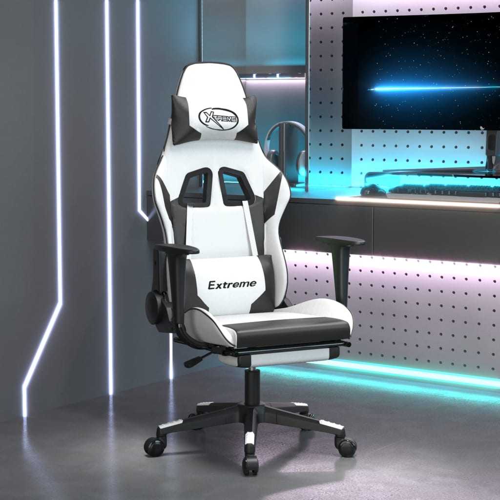 Vetonek Silla gaming masaje y reposapiés cuero sintético negro blanco