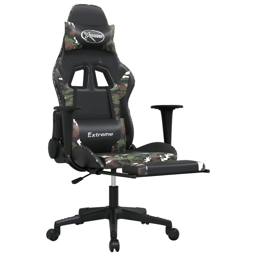 Silla gaming masaje reposapiés cuero sintético negro camuflaje - Vetonek